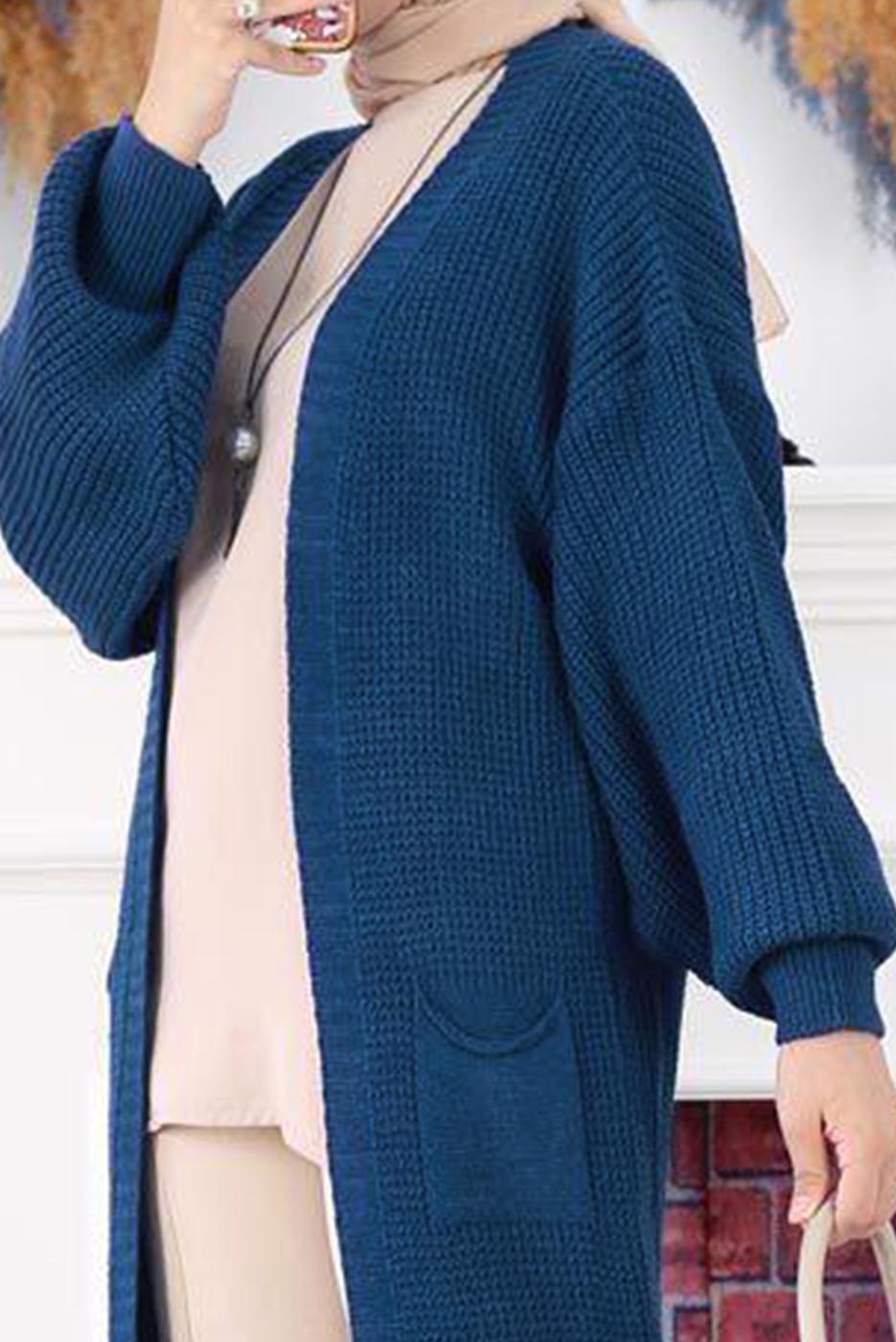 Tesettür giyim LACİVERT CEPLİ UZUN TRİKO HIRKA 1608 