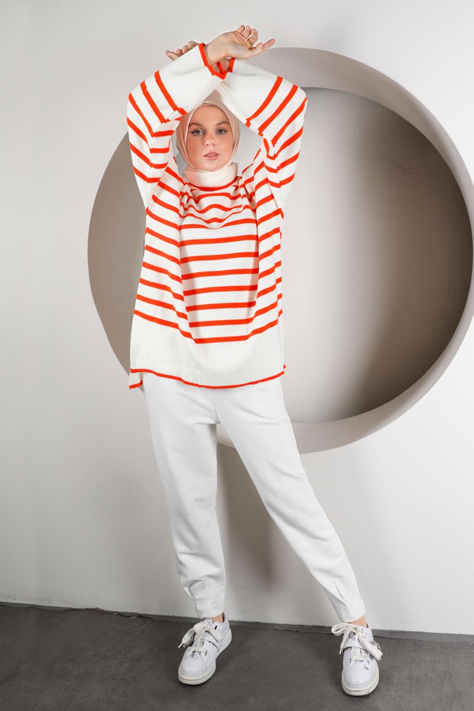 Tesettür giyim TURUNCU ŞERİTLİ BALIKÇI YAKA TRİKO TUNİK 2111 