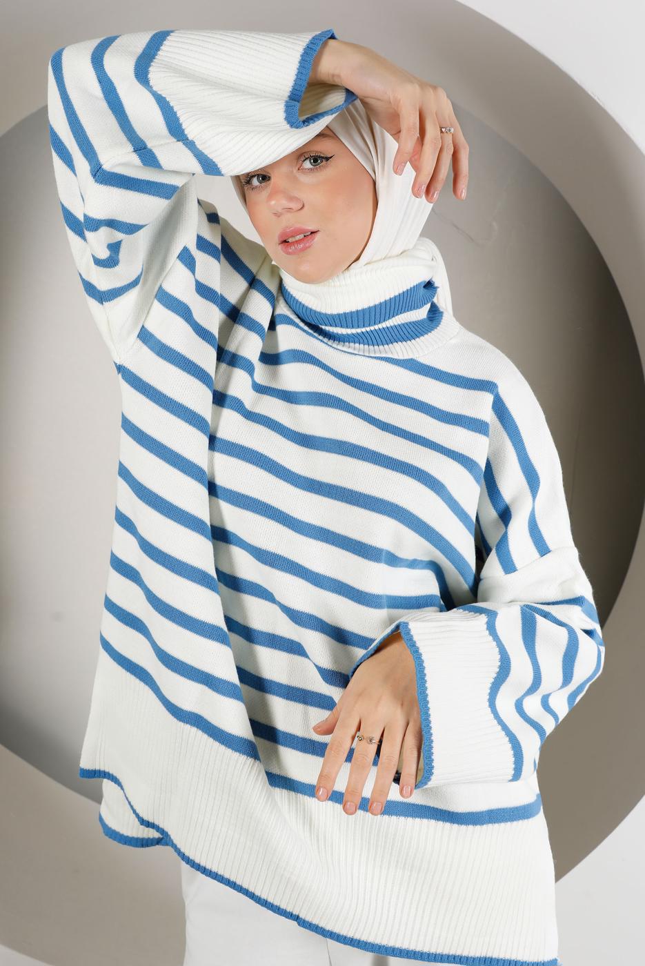 Tesettür giyim LACİVERT ŞERİTLİ BALIKÇI YAKA TRİKO TUNİK 2111 