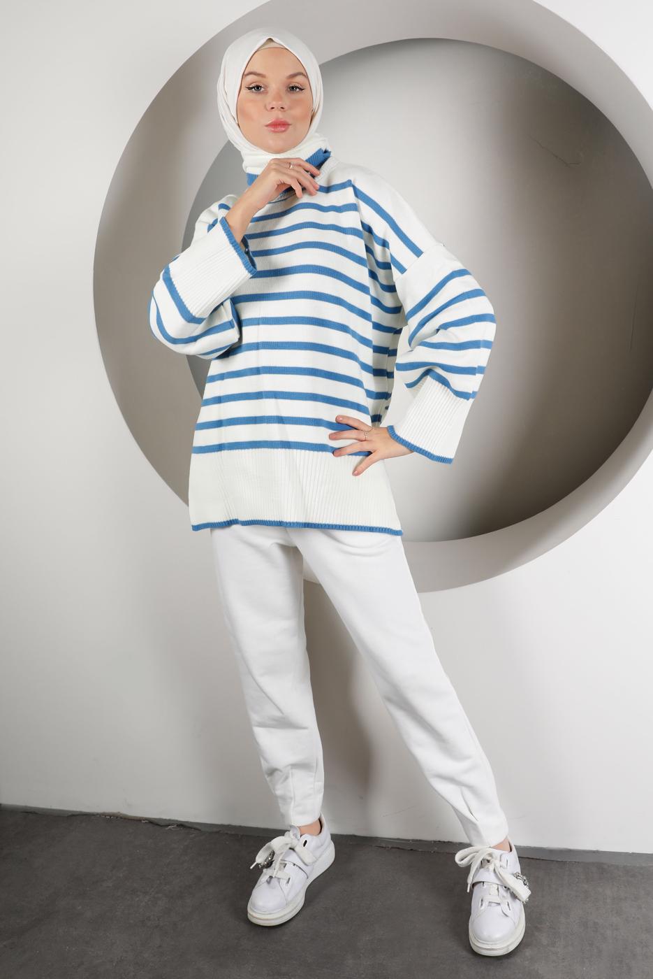 Tesettür giyim LACİVERT ŞERİTLİ BALIKÇI YAKA TRİKO TUNİK 2111 