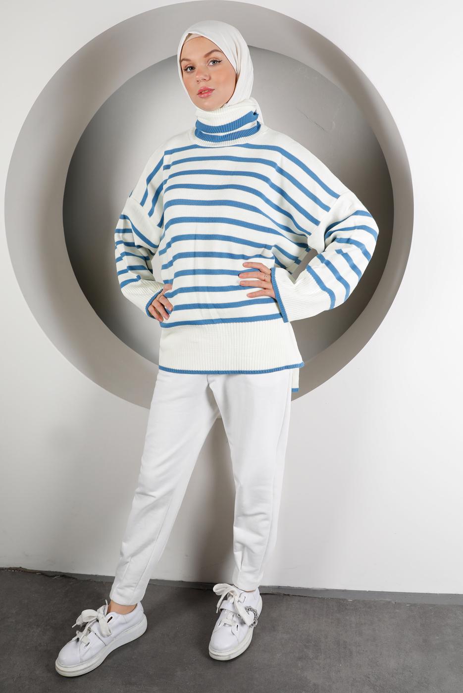 Tesettür giyim LACİVERT ŞERİTLİ BALIKÇI YAKA TRİKO TUNİK 2111 
