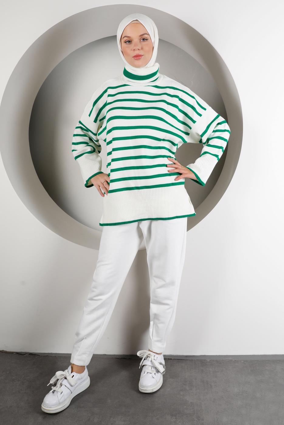 Tesettür giyim YEŞİL ŞERİTLİ BALIKÇI YAKA TRİKO TUNİK 2111 
