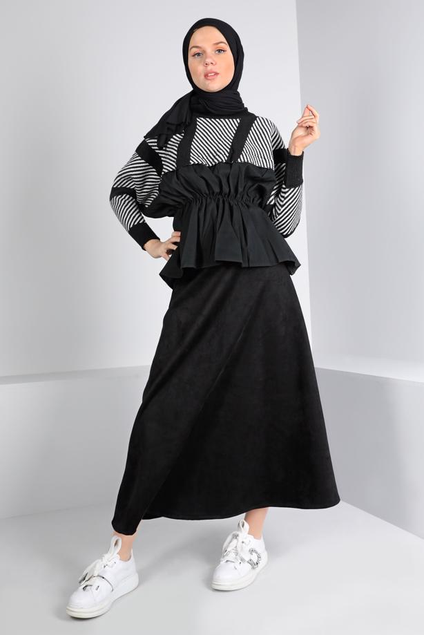Vêtements hijab NOIR PULL EN MAILLE À TAILLE SMOCKÉE 30328 - TRENDTESETTÜR