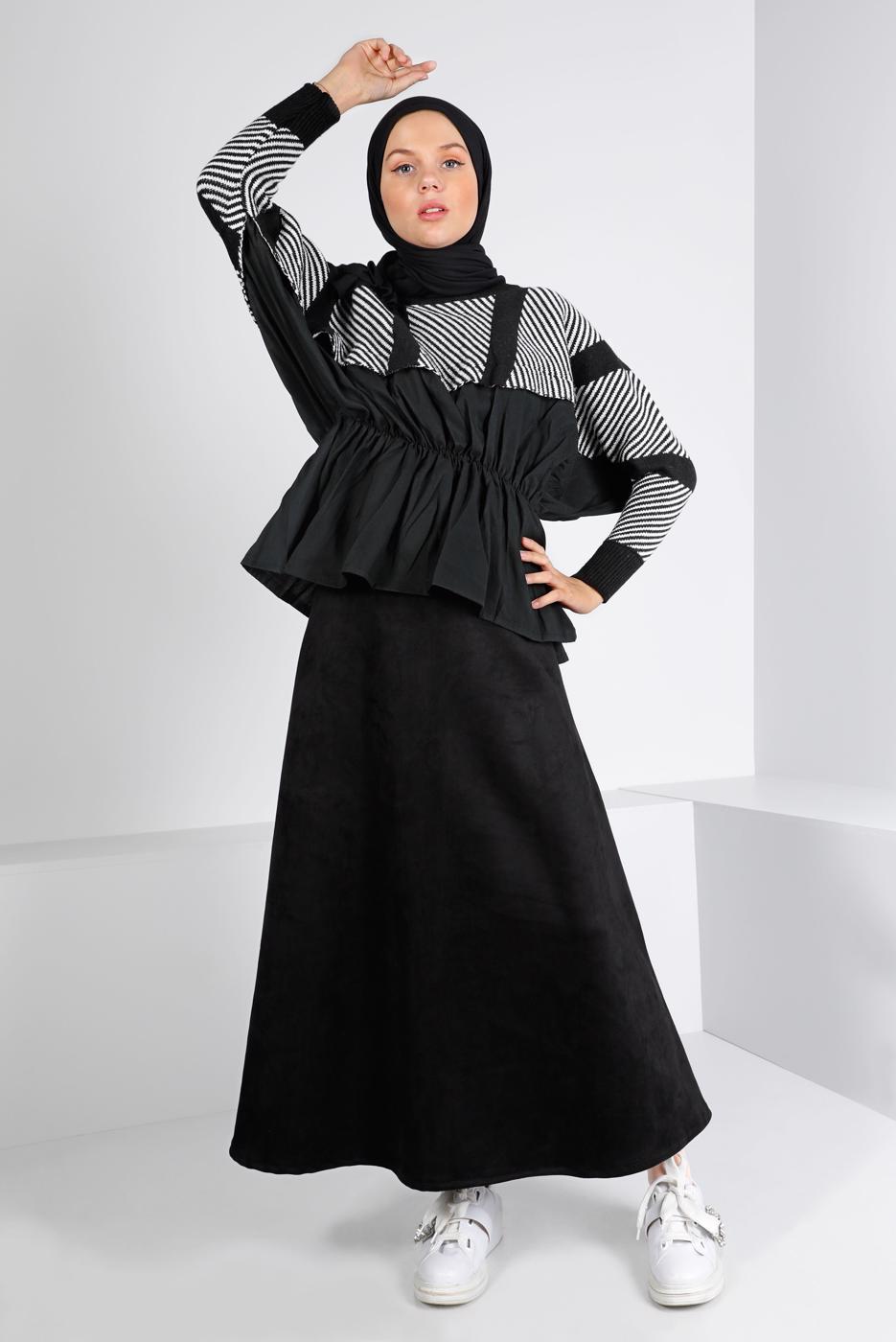 Vêtements hijab NOIR PULL EN MAILLE À TAILLE SMOCKÉE 30328