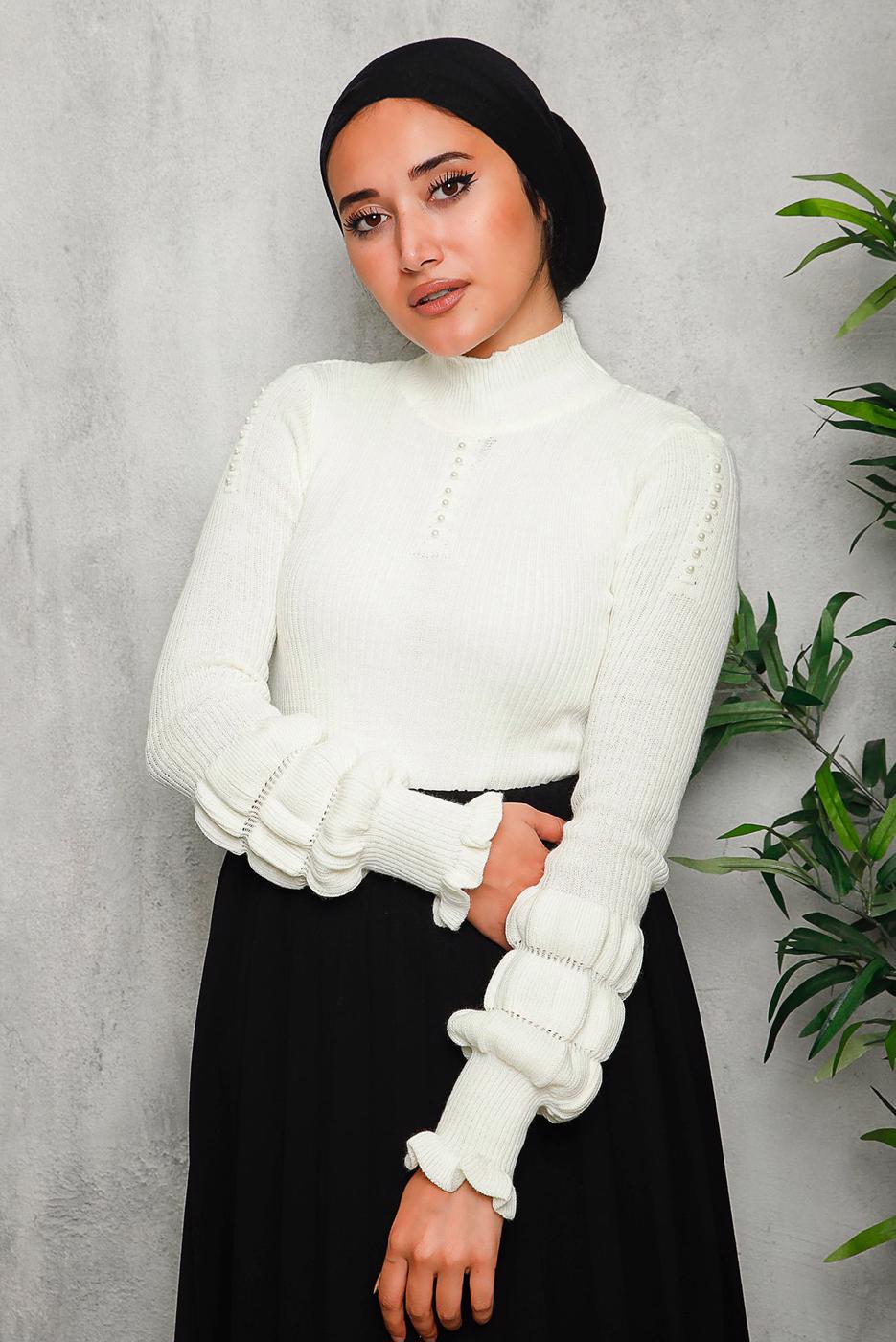 Tesettür giyim KREM İNCİ DETAYLI TRİKO KAZAK 3092	