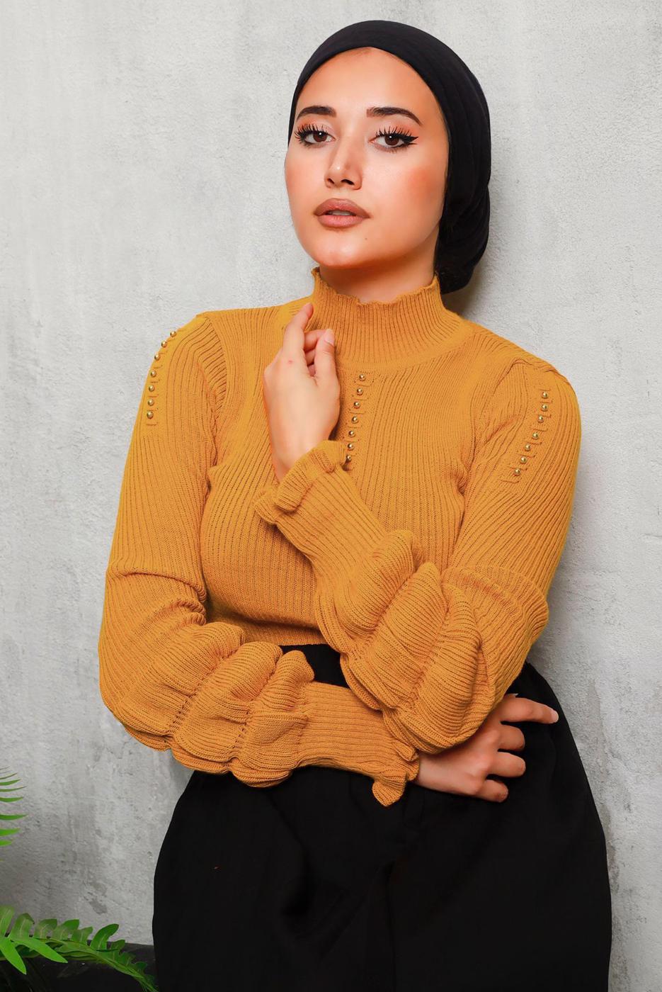 Tesettür giyim TURUNCU İNCİ DETAYLI TRİKO KAZAK 3092	