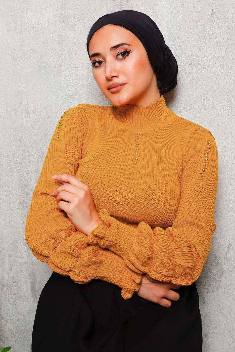 Tesettür giyim TURUNCU İNCİ DETAYLI TRİKO KAZAK 3092	