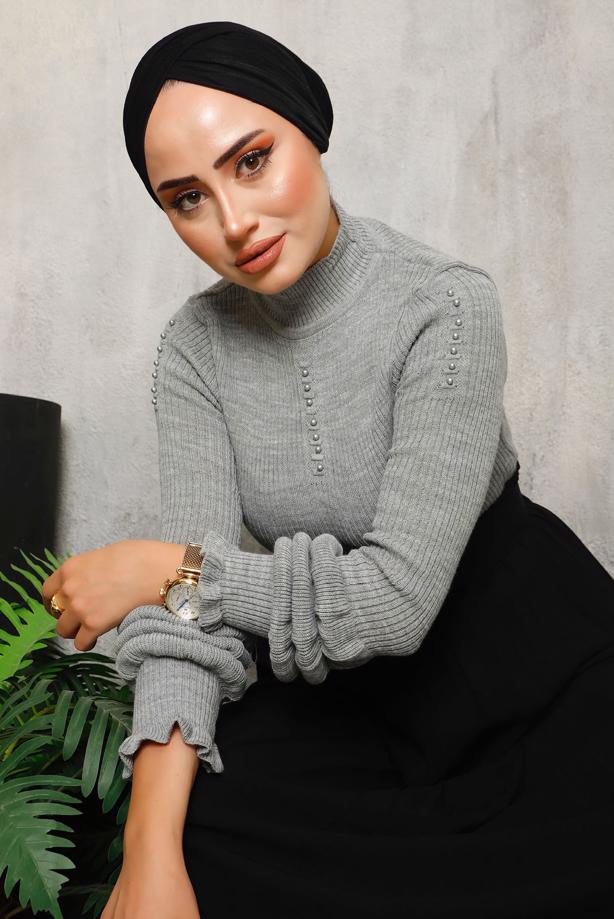Vêtements hijab GRIS PULL EN MAILLE DÉTAILS PERLES 3092 - TRENDTESETTÜR
