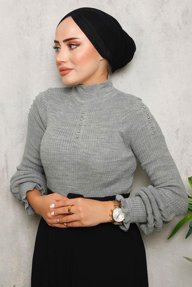 Vêtements hijab GRIS PULL EN MAILLE DÉTAILS PERLES 3092 - TRENDTESETTÜR