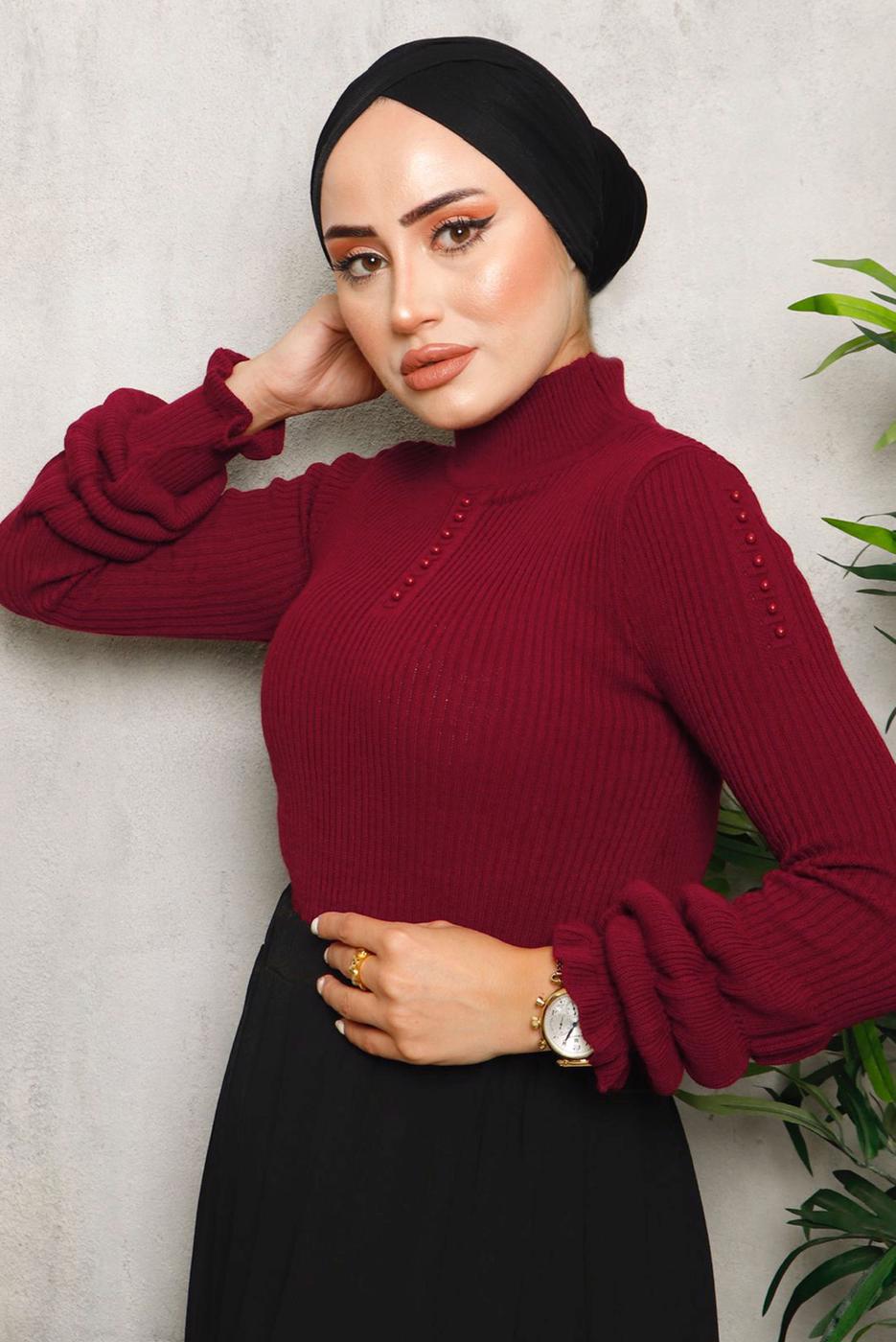Tesettür giyim BORDO İNCİ DETAYLI TRİKO KAZAK 3092	