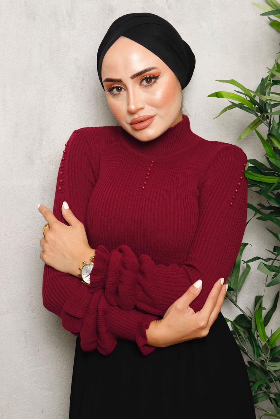 Tesettür giyim BORDO İNCİ DETAYLI TRİKO KAZAK 3092	