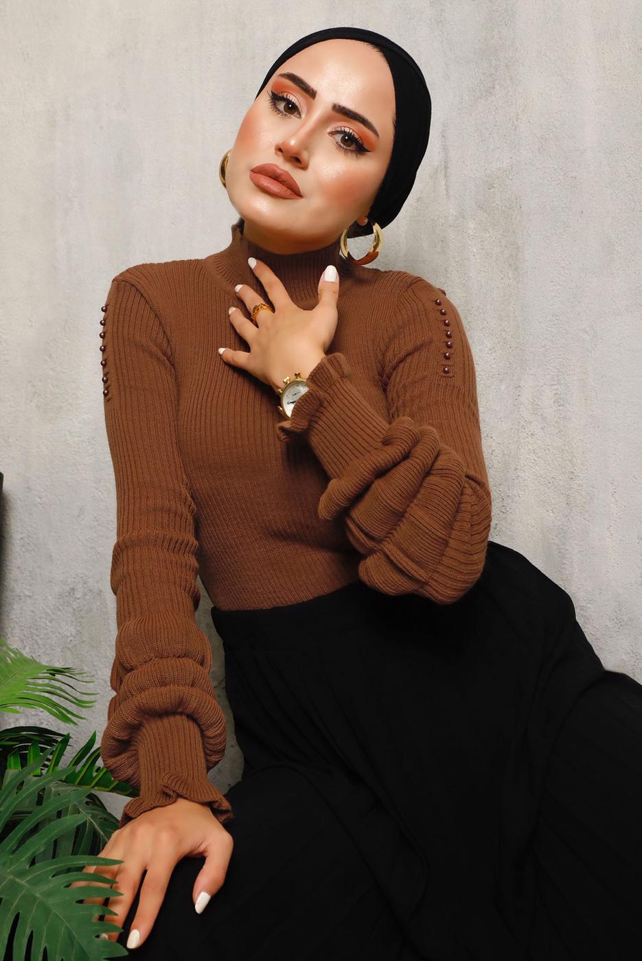 Tesettür giyim KAHVE İNCİ DETAYLI TRİKO KAZAK 3092	