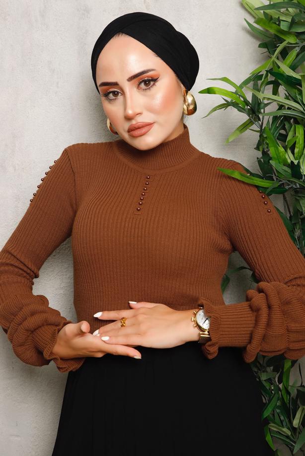 Vêtements hijab BRUN PULL EN MAILLE DÉTAILS PERLES 3092 - TRENDTESETTÜR