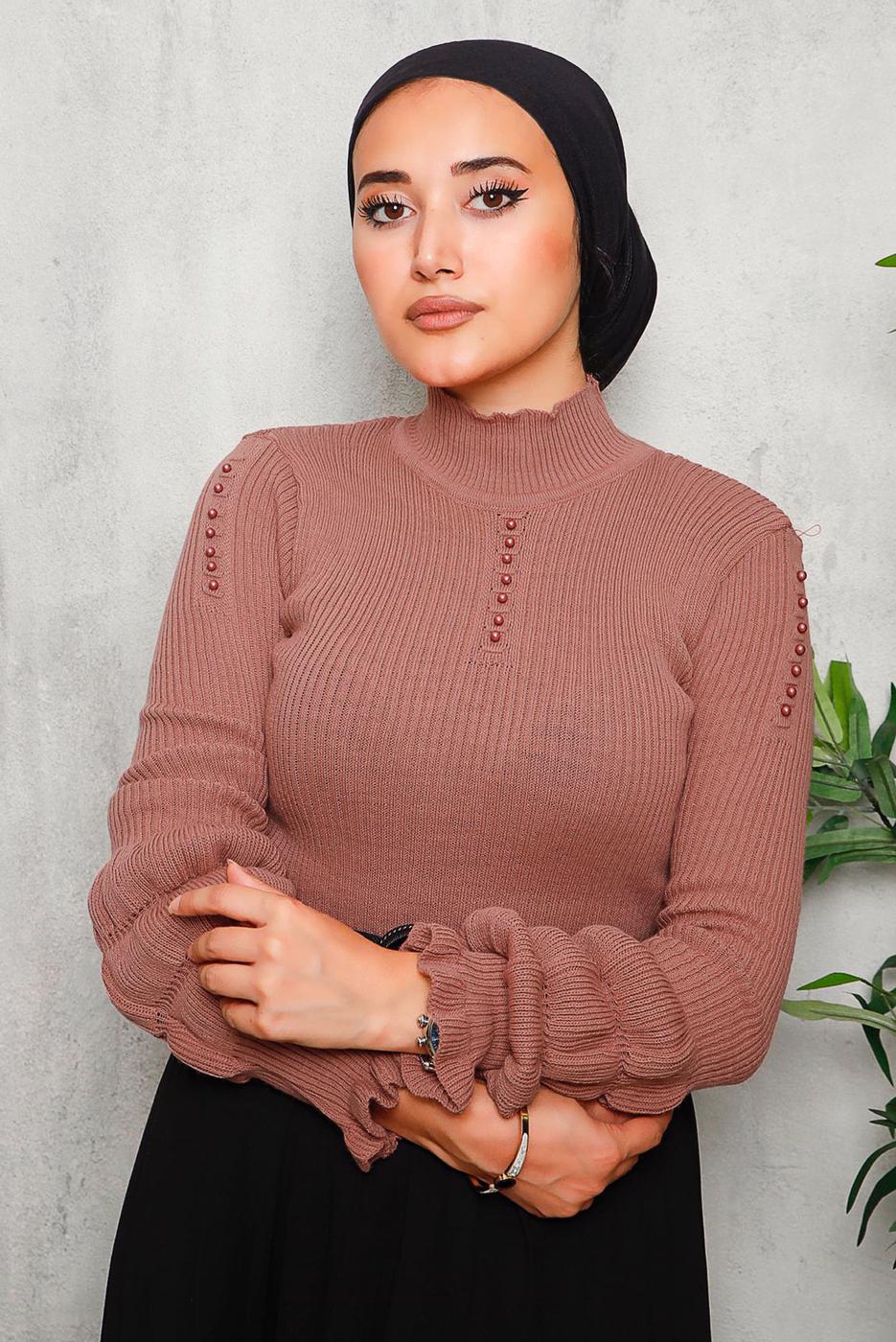 Tesettür giyim PUDRA İNCİ DETAYLI TRİKO KAZAK 3092	