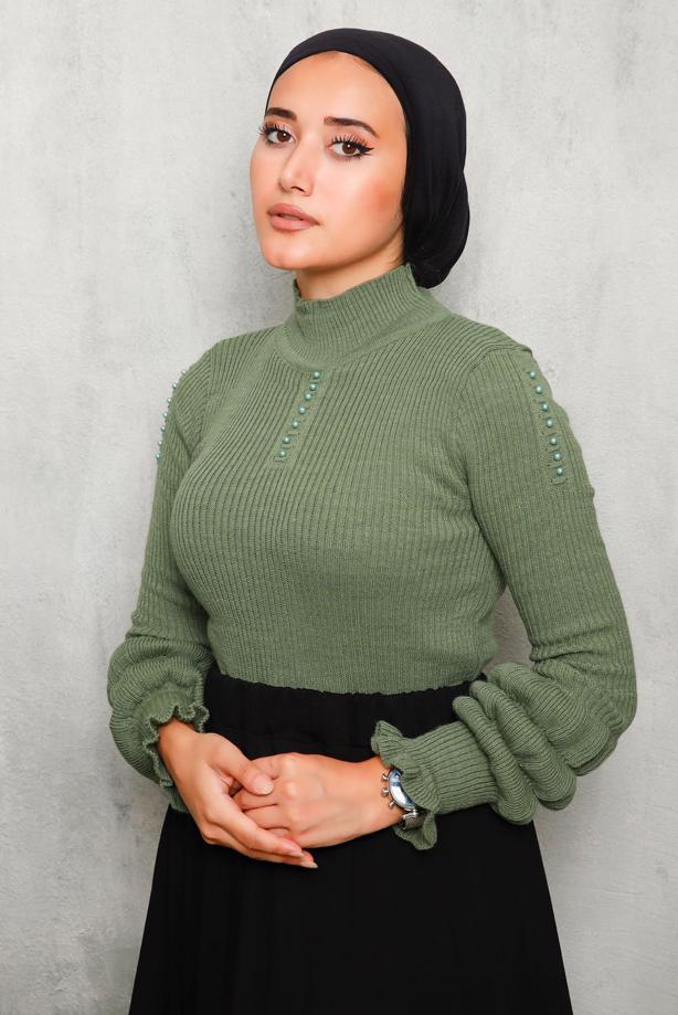 Vêtements hijab VERT PULL EN MAILLE DÉTAILS PERLES 3092 - TRENDTESETTÜR