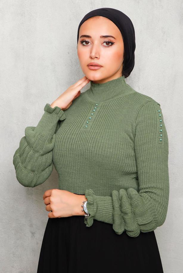 Vêtements hijab VERT PULL EN MAILLE DÉTAILS PERLES 3092 - TRENDTESETTÜR