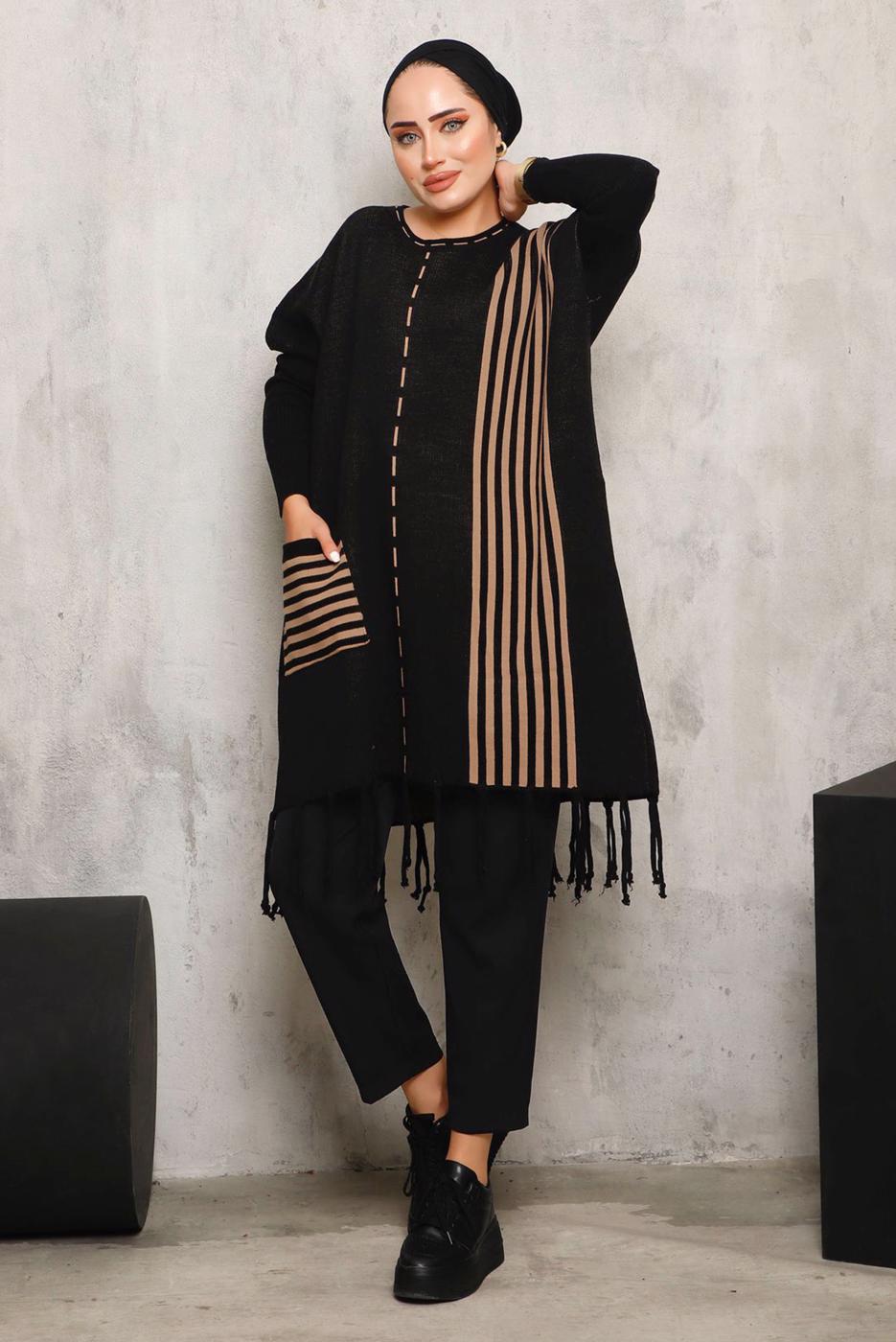 Tesettür giyim SİYAH ALTI PÜSKÜLLÜ TRİKO TUNİK 3392 