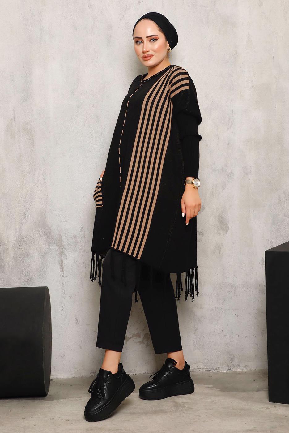 Tesettür giyim SİYAH ALTI PÜSKÜLLÜ TRİKO TUNİK 3392 