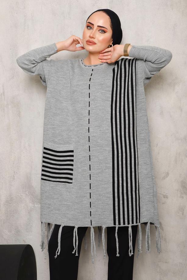Vêtements hijab GRIS TUNIQUE EN MAILLE À FRANGES 3392 - TRENDTESETTÜR
