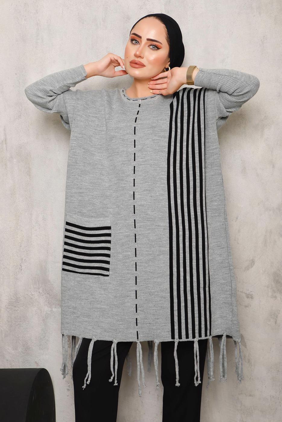 Tesettür giyim GRİ ALTI PÜSKÜLLÜ TRİKO TUNİK 3392 