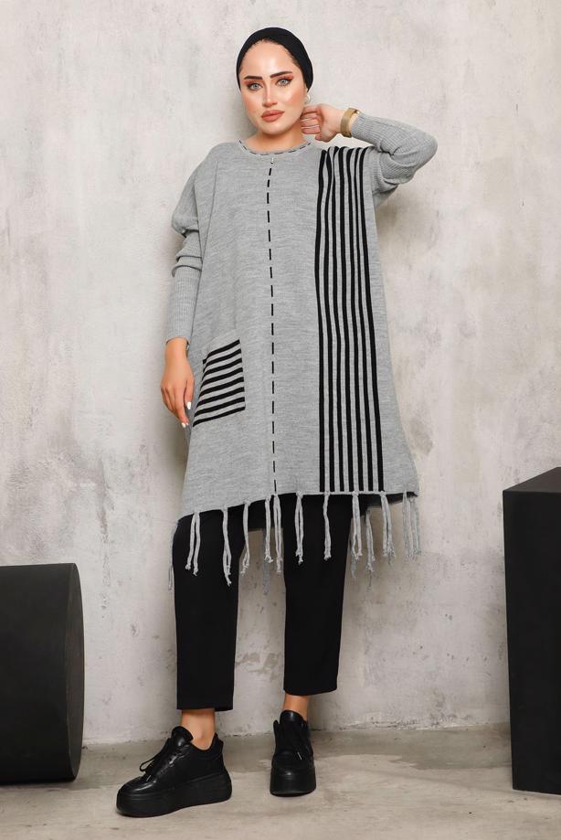 Vêtements hijab GRIS TUNIQUE EN MAILLE À FRANGES 3392 - TRENDTESETTÜR