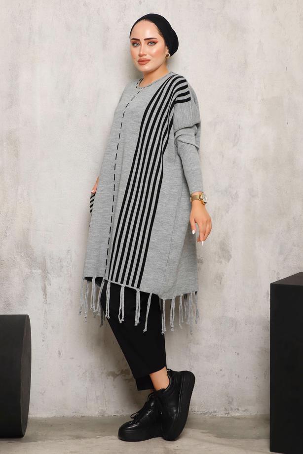Vêtements hijab GRIS TUNIQUE EN MAILLE À FRANGES 3392 - TRENDTESETTÜR