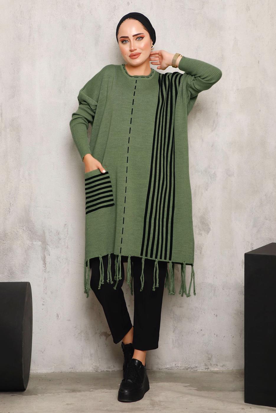 Tesettür giyim YEŞİL ALTI PÜSKÜLLÜ TRİKO TUNİK 3392 