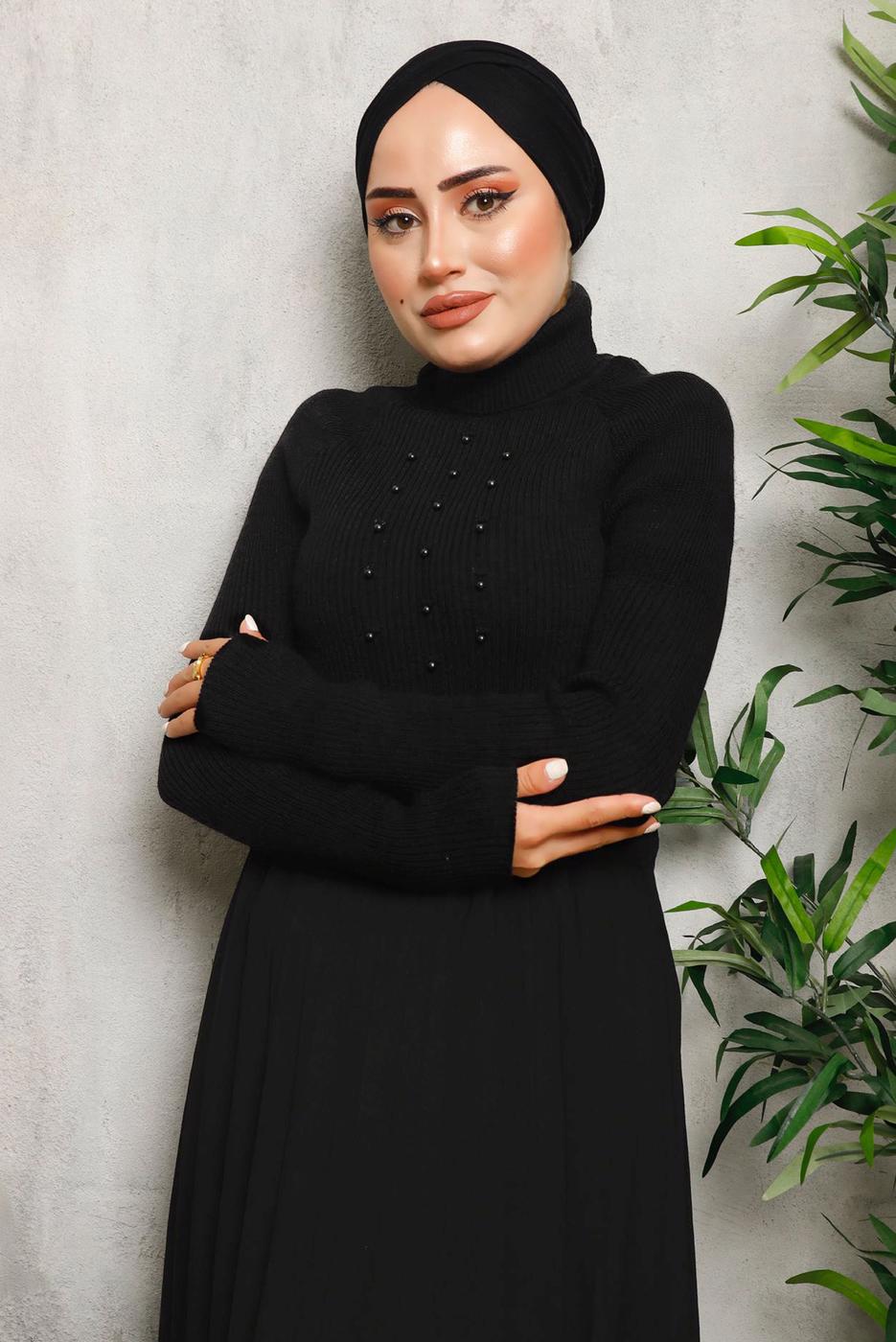 Tesettür giyim SİYAH BONCUK DETAYLI TRİKO KAZAK 4492	