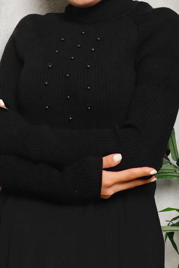 Vêtements hijab NOIR PULL EN MAILLE DÉTAIL PERLES 4492 - TRENDTESETTÜR