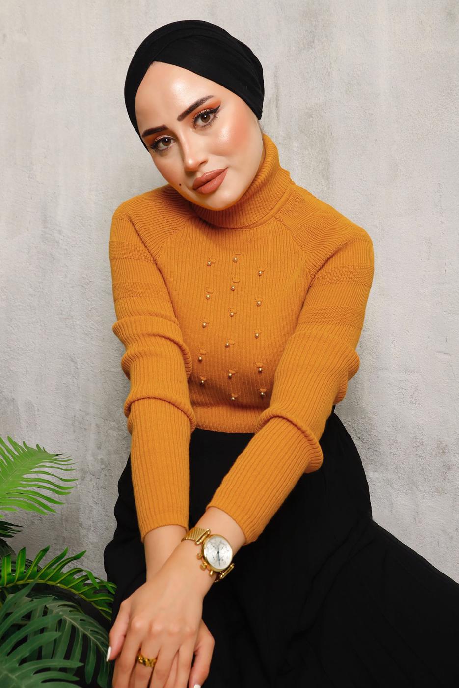 Tesettür giyim TURUNCU BONCUK DETAYLI TRİKO KAZAK 4492	