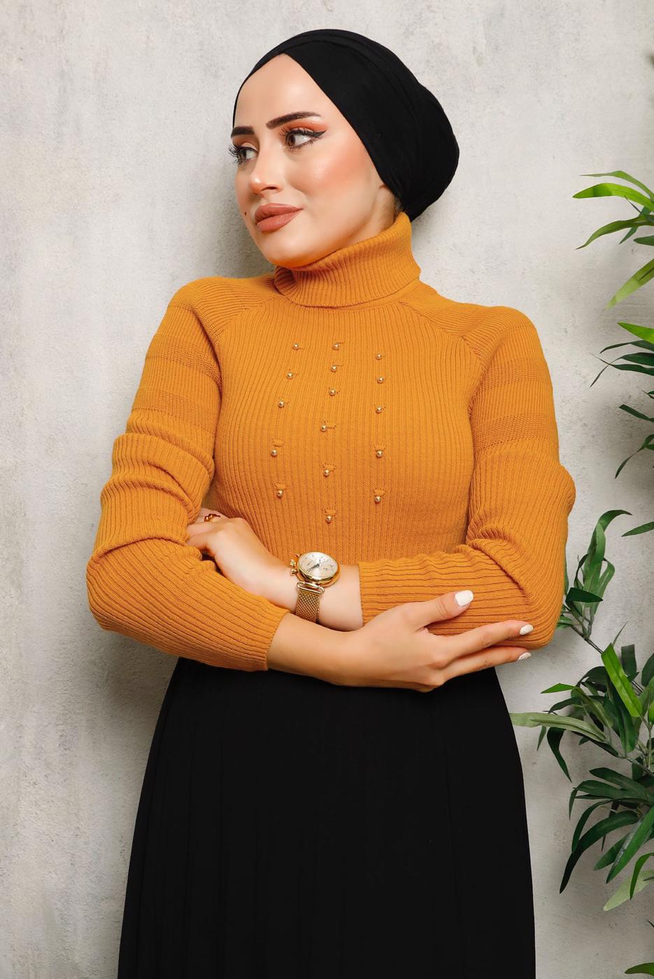 Tesettür giyim TURUNCU BONCUK DETAYLI TRİKO KAZAK 4492	
