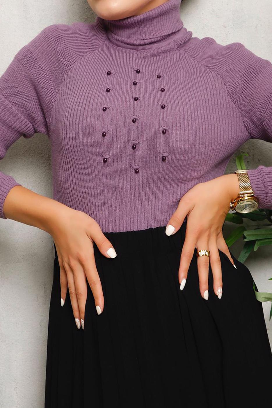 Hijab clothing PURPLE BEAD DETAIL KNITWEAR SWEATER 4492