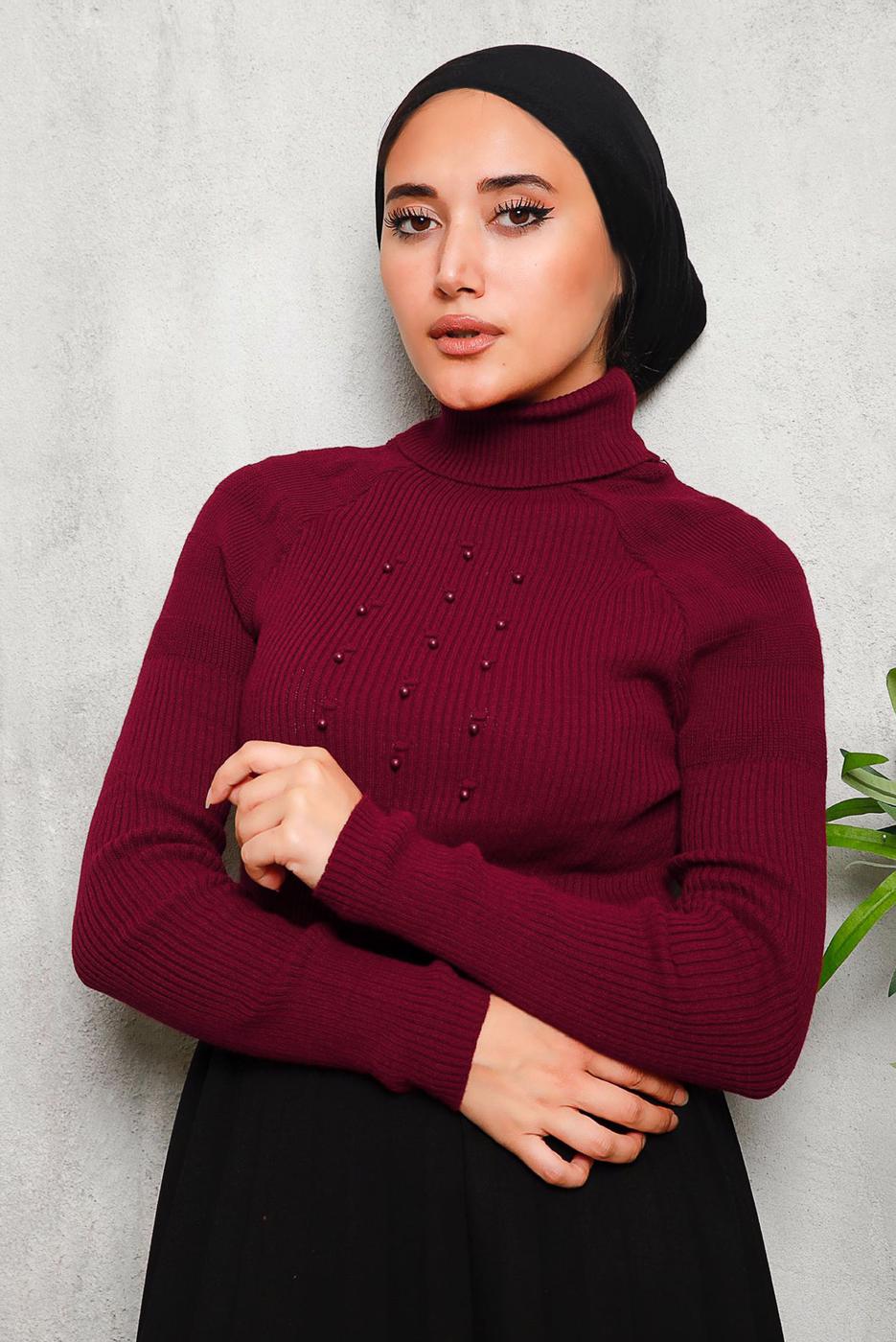 Vêtements hijab ROUGE BORDEAUX PULL EN MAILLE DÉTAIL PERLES 4492