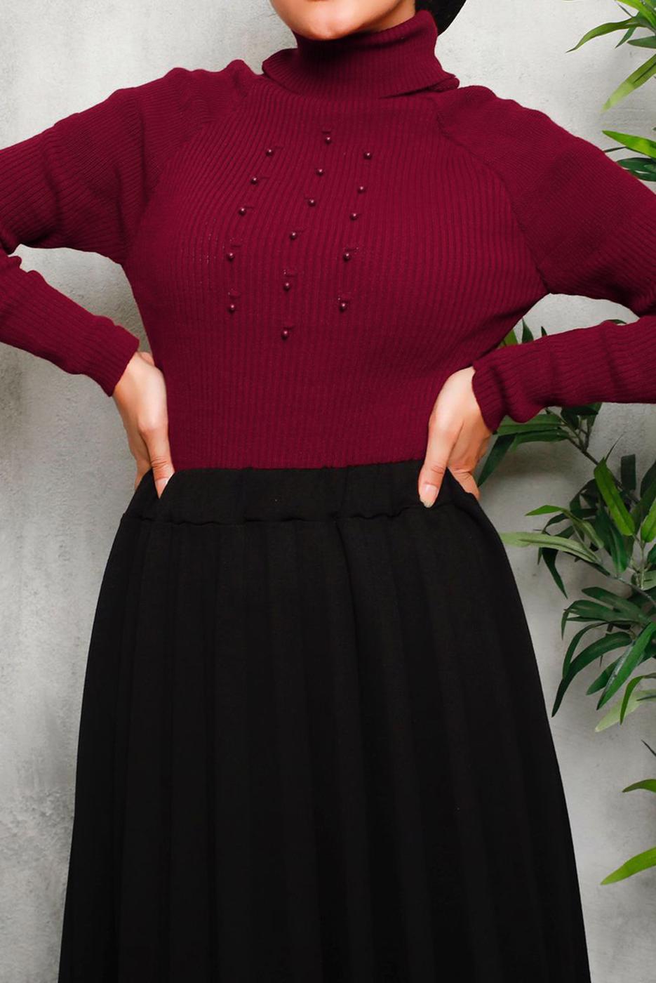 Vêtements hijab ROUGE BORDEAUX PULL EN MAILLE DÉTAIL PERLES 4492