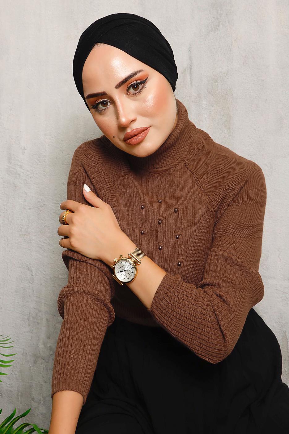 Tesettür giyim KAHVE BONCUK DETAYLI TRİKO KAZAK 4492	