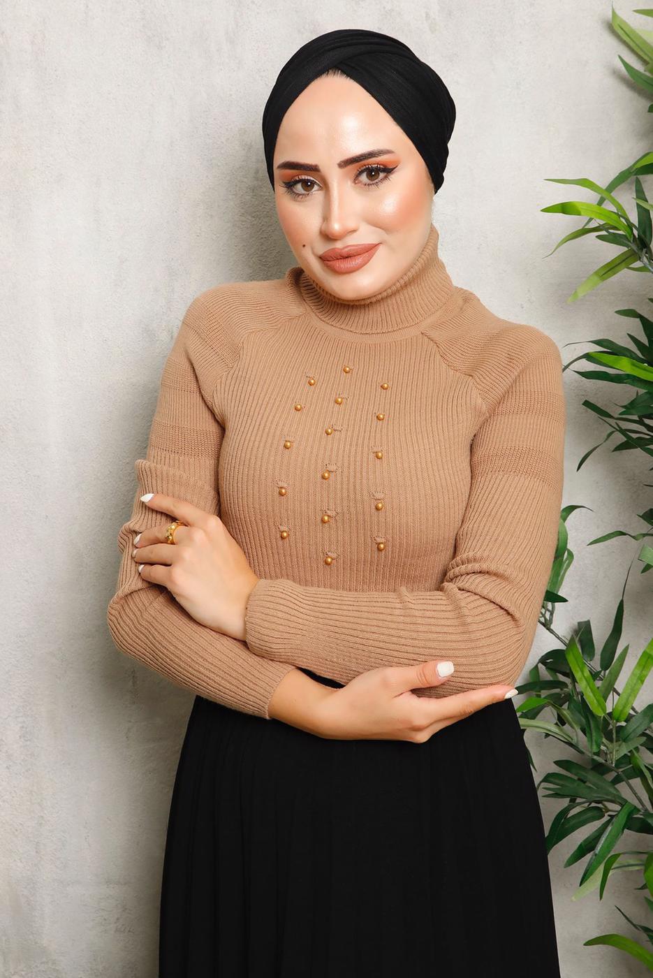 Tesettür giyim TABA BONCUK DETAYLI TRİKO KAZAK 4492	
