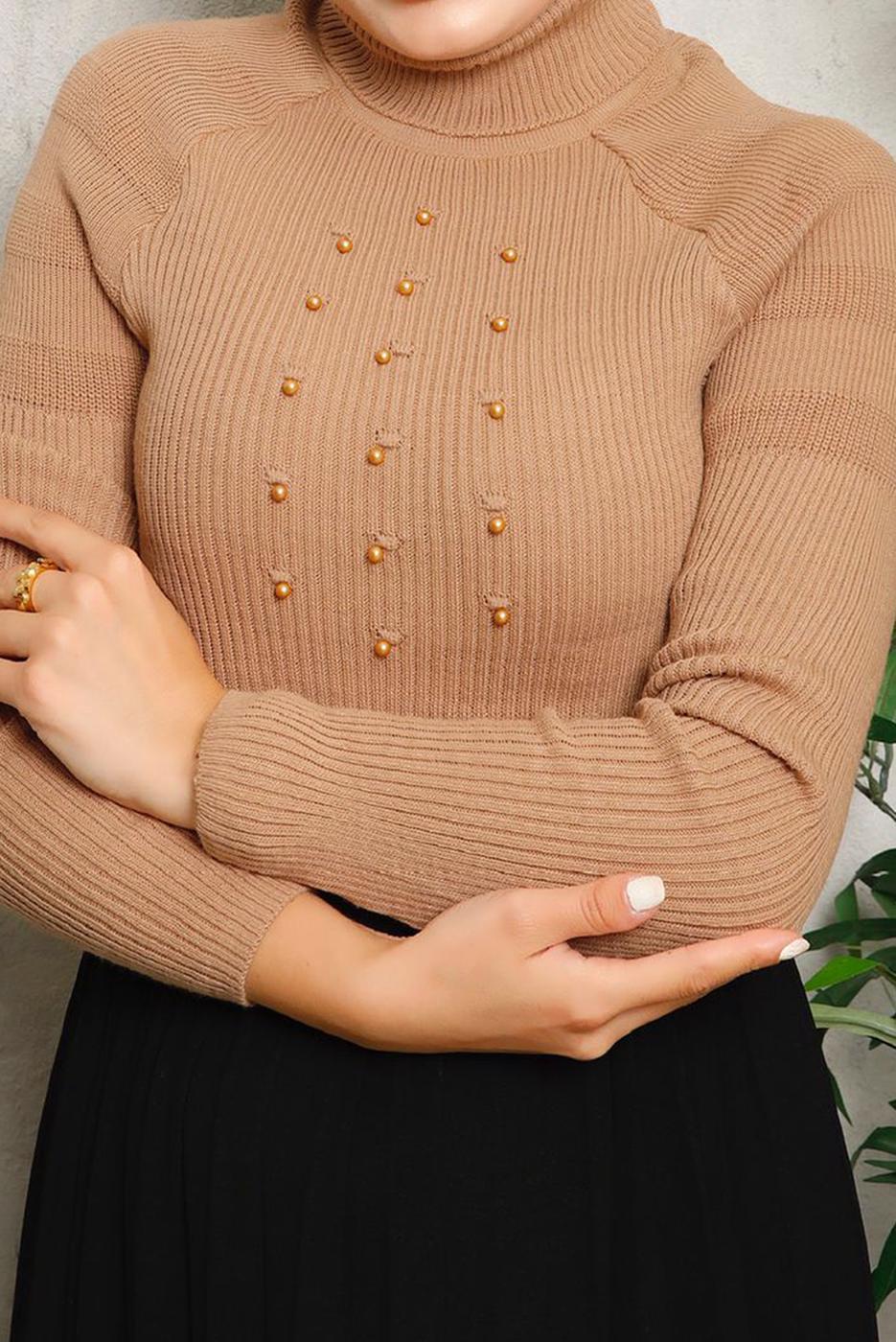 Tesettür giyim TABA BONCUK DETAYLI TRİKO KAZAK 4492	