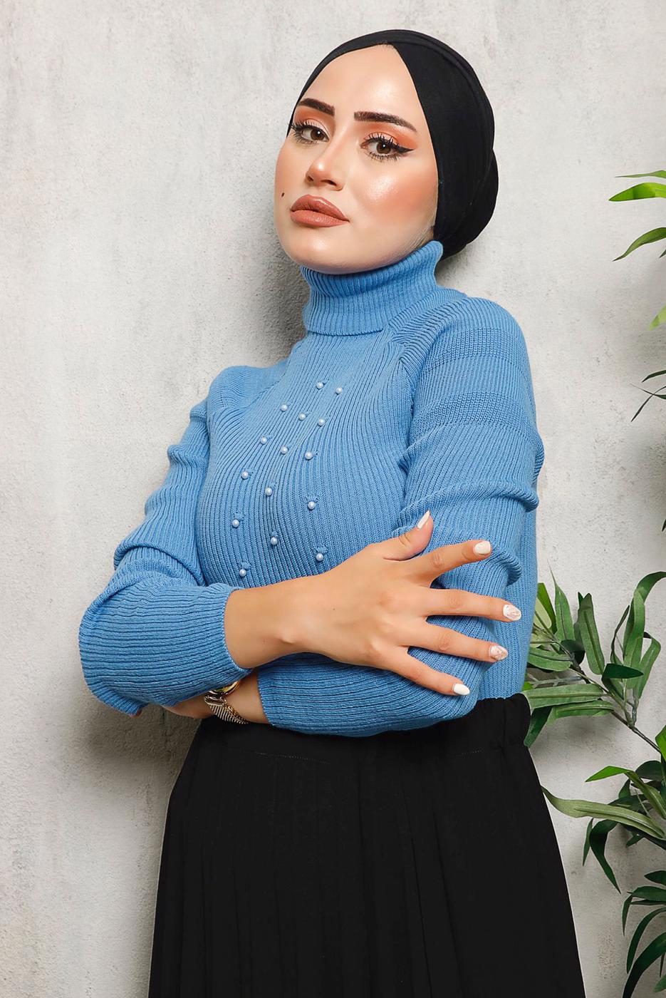 Tesettür giyim LACİVERT BONCUK DETAYLI TRİKO KAZAK 4492	