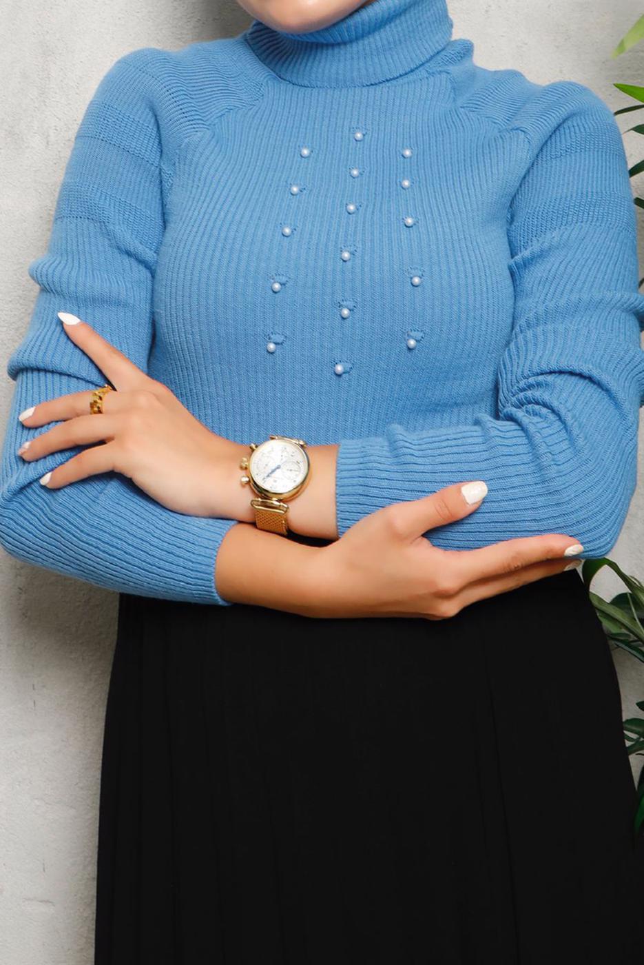 Tesettür giyim LACİVERT BONCUK DETAYLI TRİKO KAZAK 4492	