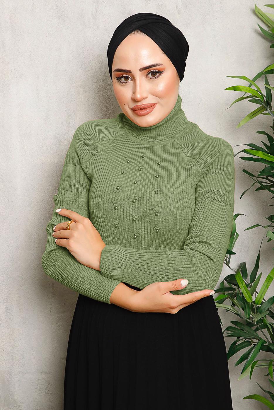 Hijab clothing GREEN BEAD DETAIL KNITWEAR SWEATER 4492