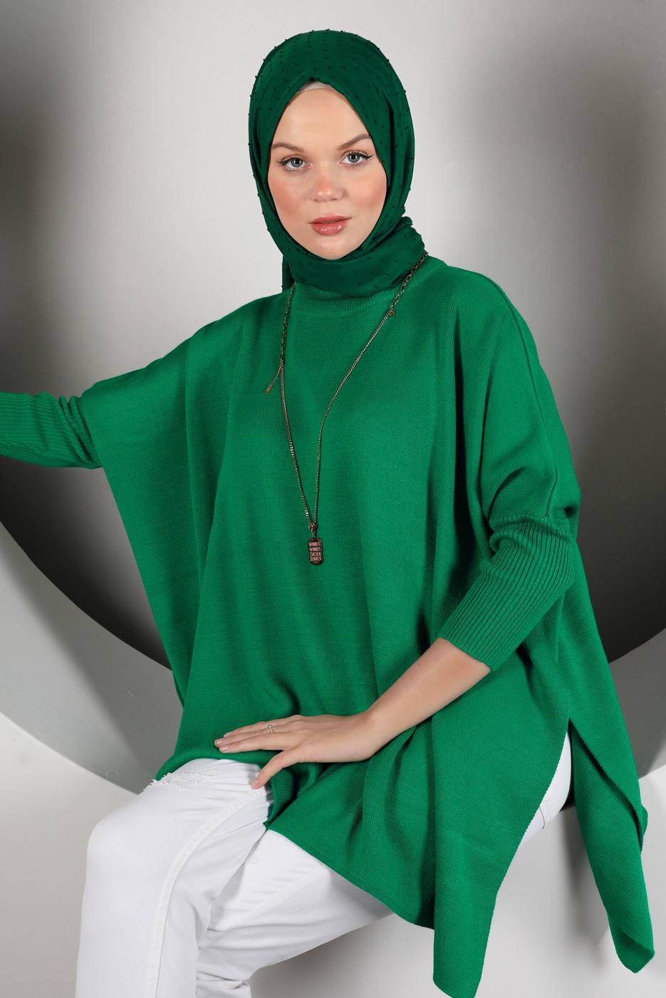 Tesettür giyim YEŞİL YIRTMAÇ DETAYLI TRİKO TUNİK 5378 