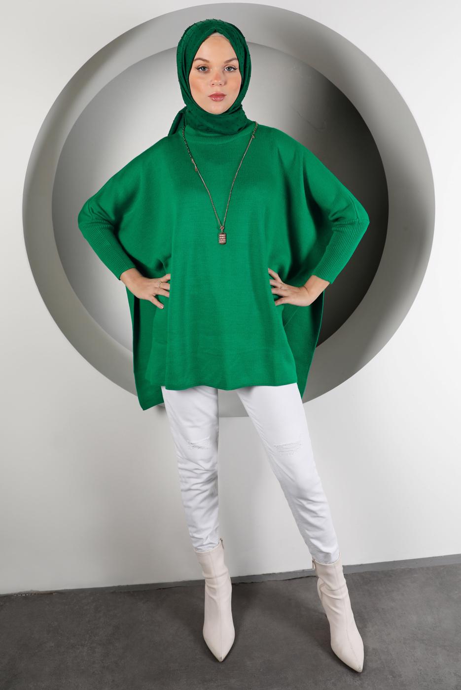 Tesettür giyim YEŞİL YIRTMAÇ DETAYLI TRİKO TUNİK 5378 