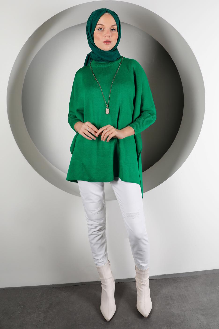 Tesettür giyim YEŞİL YIRTMAÇ DETAYLI TRİKO TUNİK 5378 