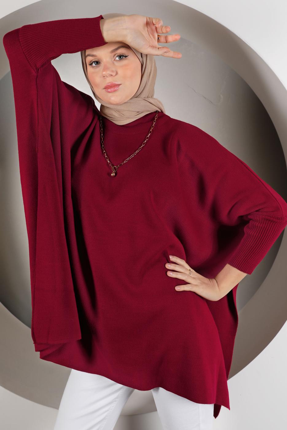 Tesettür giyim BORDO YIRTMAÇ DETAYLI TRİKO TUNİK 5378 