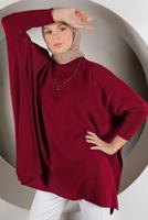 Tesettür giyim BORDO YIRTMAÇ DETAYLI TRİKO TUNİK 5378 