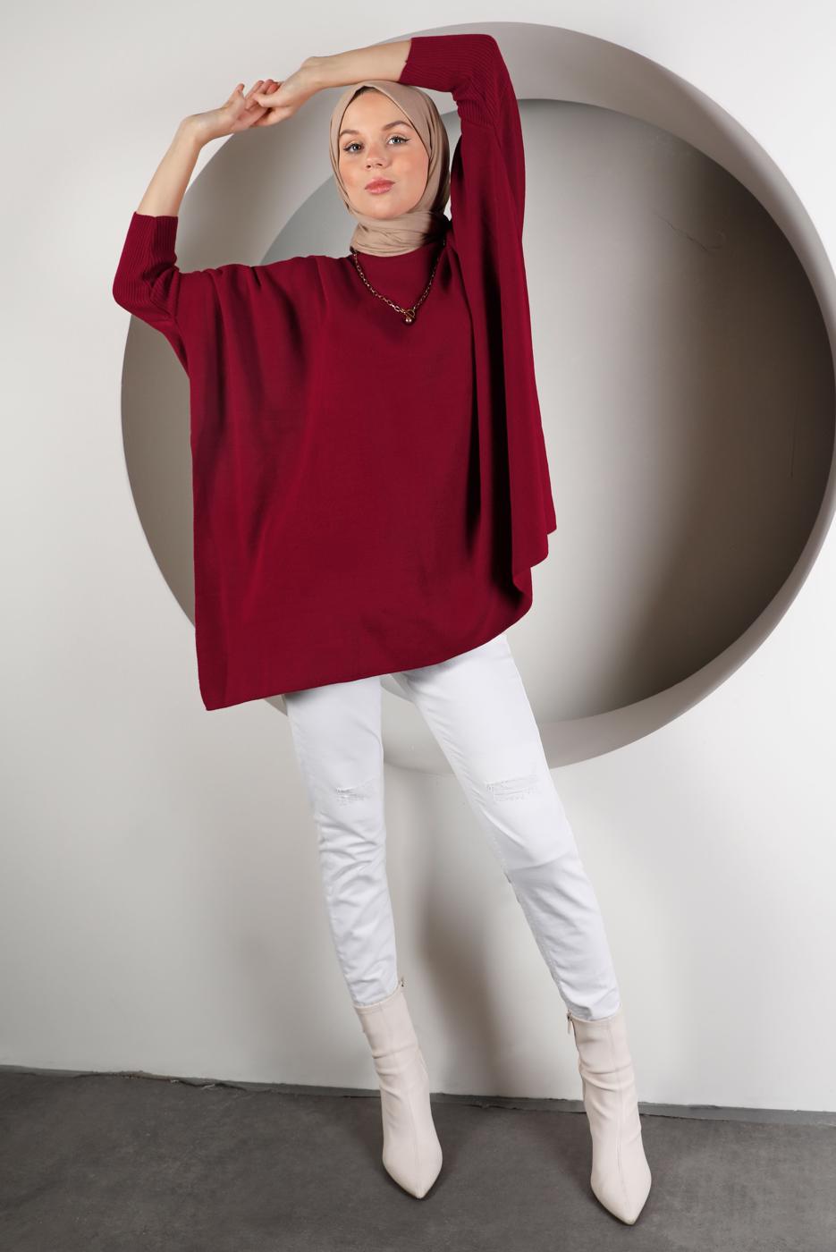 Tesettür giyim BORDO YIRTMAÇ DETAYLI TRİKO TUNİK 5378 