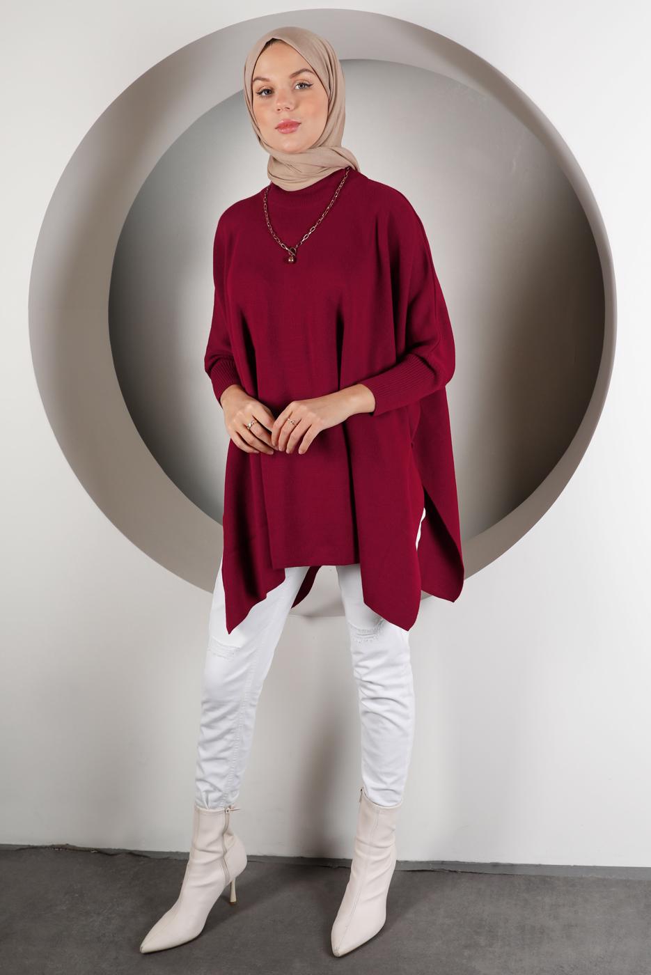Tesettür giyim BORDO YIRTMAÇ DETAYLI TRİKO TUNİK 5378 