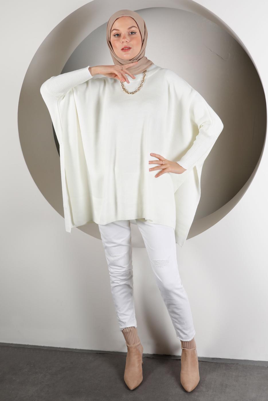 Tesettür giyim EKRU YIRTMAÇ DETAYLI TRİKO TUNİK 5378 