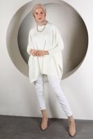 Tesettür giyim EKRU YIRTMAÇ DETAYLI TRİKO TUNİK 5378 