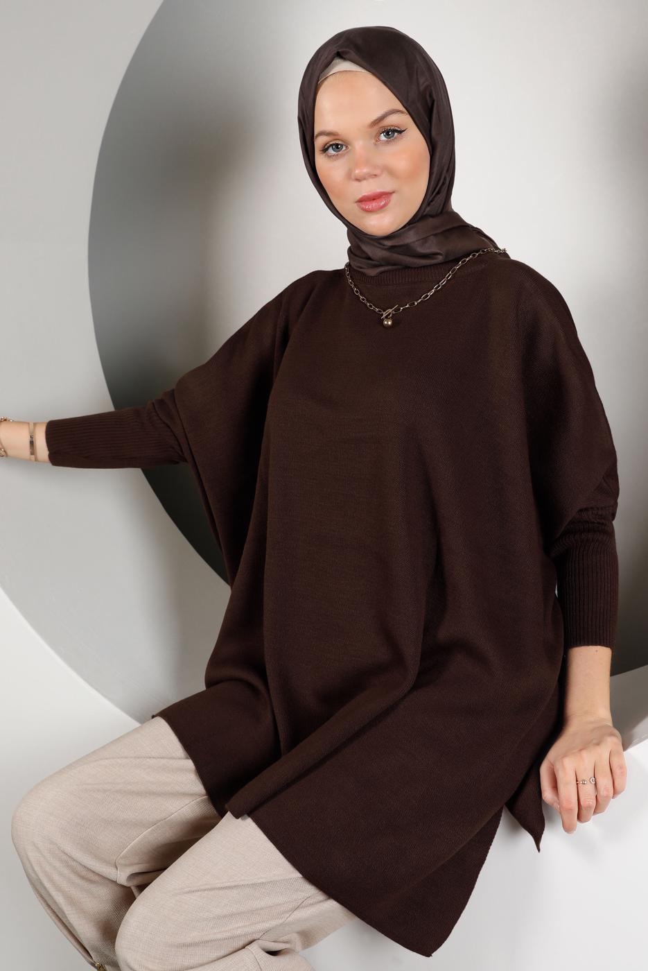 Tesettür giyim KAHVE YIRTMAÇ DETAYLI TRİKO TUNİK 5378 